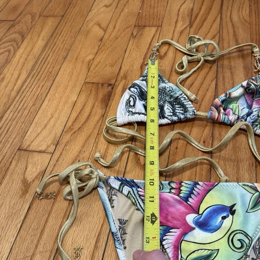 Christian Audigier Y2K Rhinestone Bird Print String Triangle Bikini Size Small - Picture 5 of 9